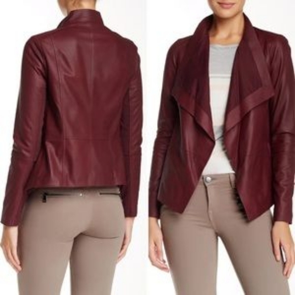 Vince Jackets & Blazers - VINCE Leather Burgundy Red Drape Neck Open Jacket Size XS